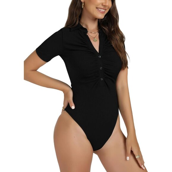 Women's Rib Knit Bodysuit Deep V Neck Ruched Button Short Sleeve Top - Picture 3 of 6